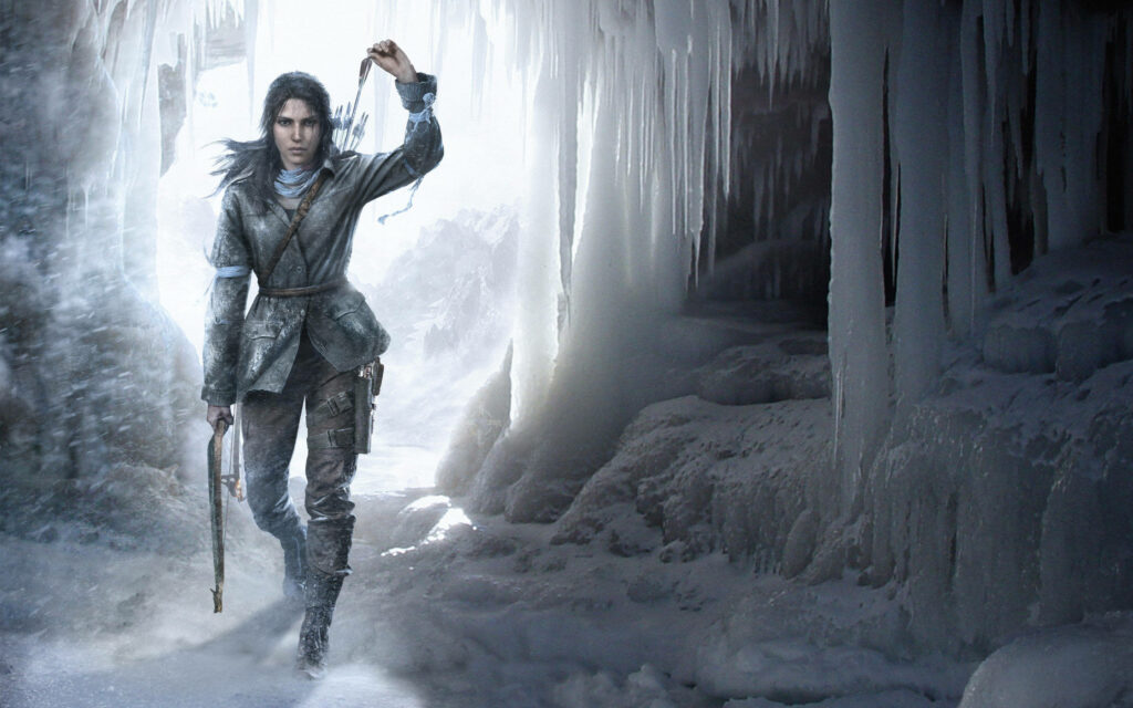 Frozen Adventure: Lara Croft Unleashes Her Arrow in the Ice Cave Wallpaper