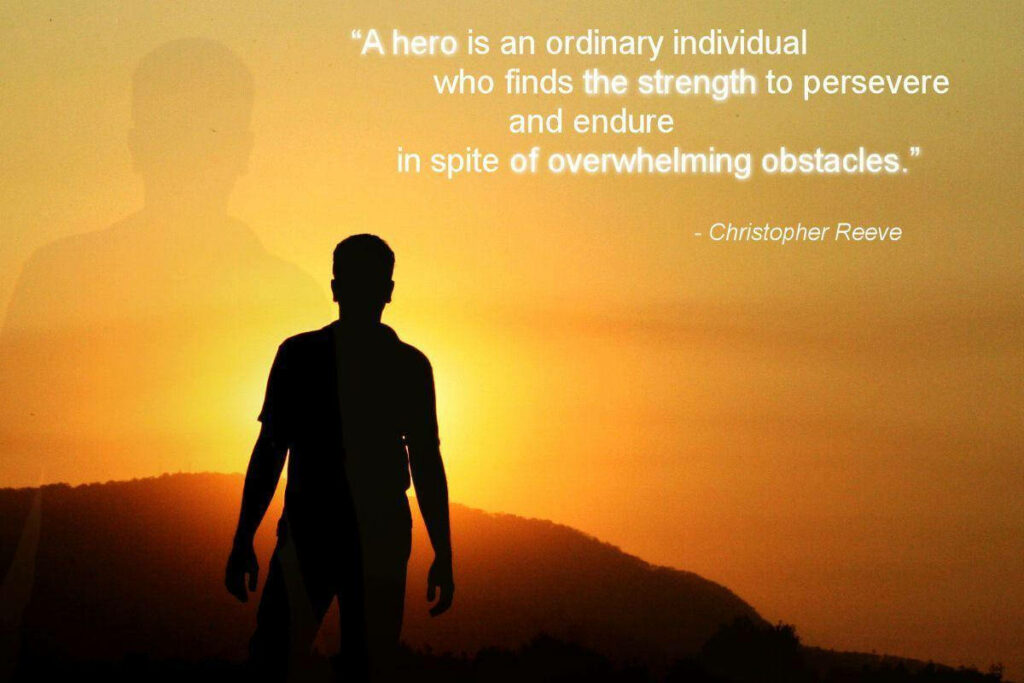 Silhouetted Hero at Sunset: Inspiring Quotes by Christopher Reeve on a Wallpaper