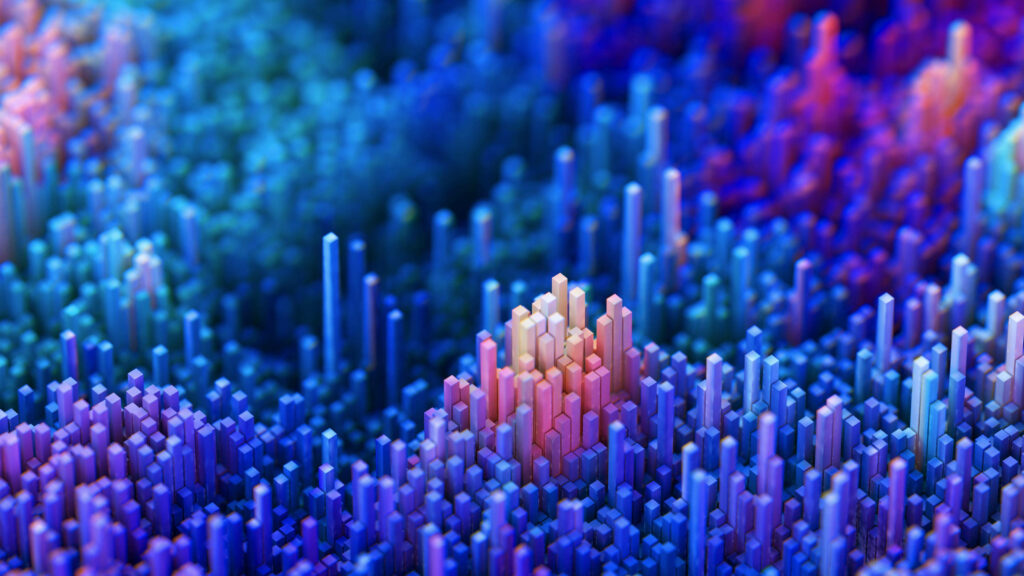 Futuristic 4D Ultra HD abstract skyscraper landscape with colorful blue purple pink elevations Wallpaper