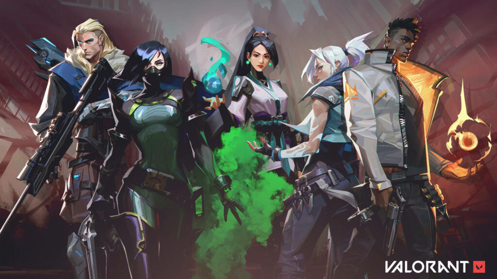 Misty Silhouettes: The Mighty Valorant Heroes Emerge, Showcasing Sage, Jett, Phoenix, Sova, and Viper Wallpaper