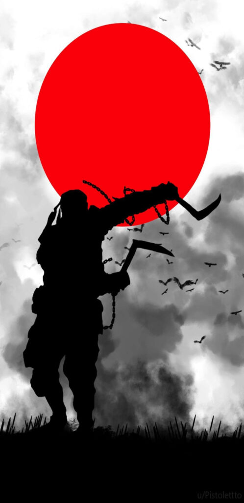 Silhouetted ninja with weapon against red sun backdrop in dynamic Japanese-inspired wallpaper