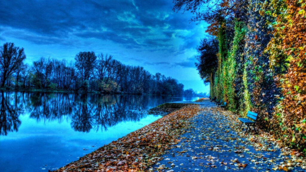 Serene riverside path with orange autumn leaves green trees reflected in calm water under blue sky Wallpaper