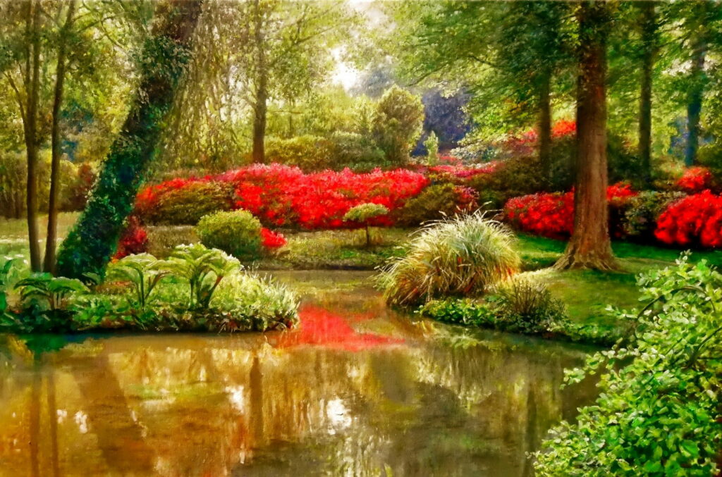 Nature's Masterstroke: A Serene Garden Landscape Immortalized in Vivid Brushstrokes Wallpaper