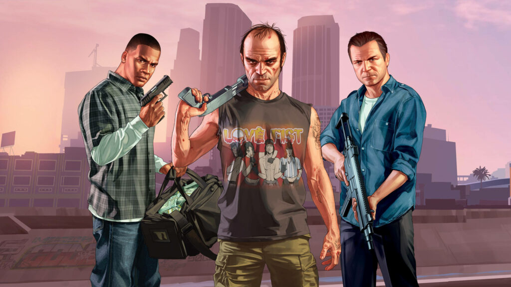 Urban Legends : GTA V Trio Dominates Cityscape with Guns Blazing Wallpaper