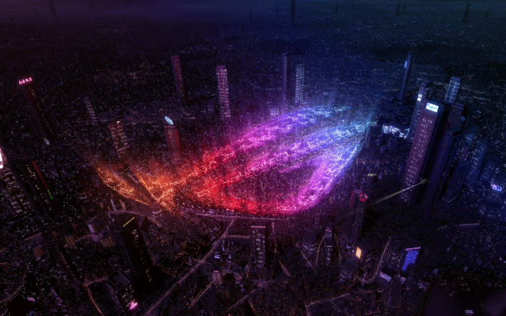The Luminous City: Unleashing Power with Republic of Gamers – ASUS RoG Logo Shines in Neon Rays Wallpaper