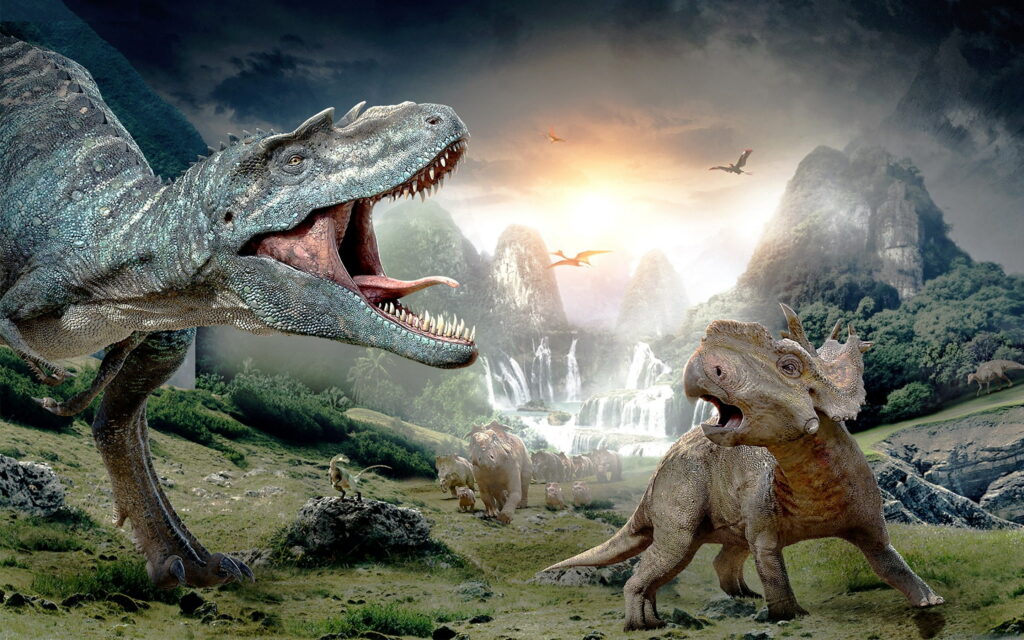 Prehistoric dinosaur showdown in lush valley with crested theropod and ceratopsian QHD wallpaper