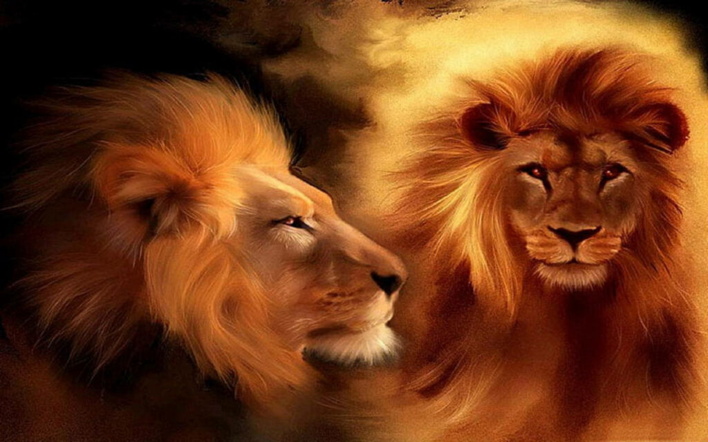 Roaring Majesty: Captivating Lion Head Sculpture in Impressive Front and Side View Wallpaper