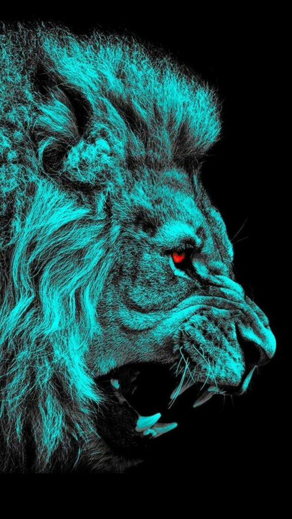 The Majestic Roar: A Striking Blue Lion Phone Background with Fiery Red Eyes Wallpaper