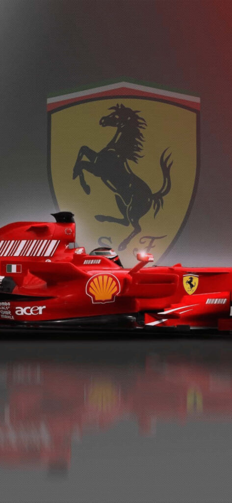 Speed and Elegance: Red Ferrari F1 Silhouette Races Past a F1 2018 Grandstand with Iconic Ferrari Logo Wallpaper