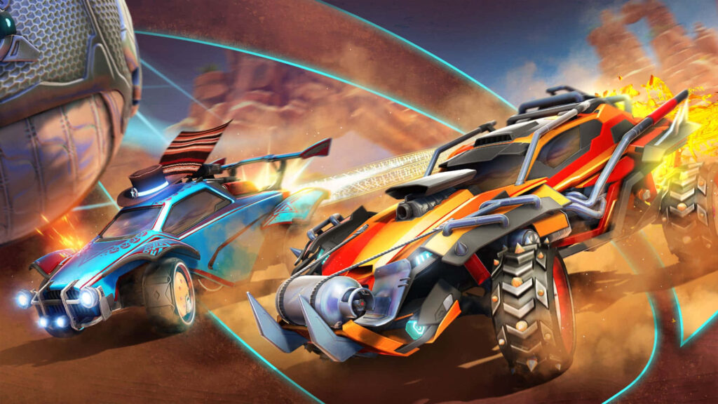 Immersive Rocket League Rumble: Clash of Blue and Orange Battle Cars Amid Explosive Dust Clouds Wallpaper