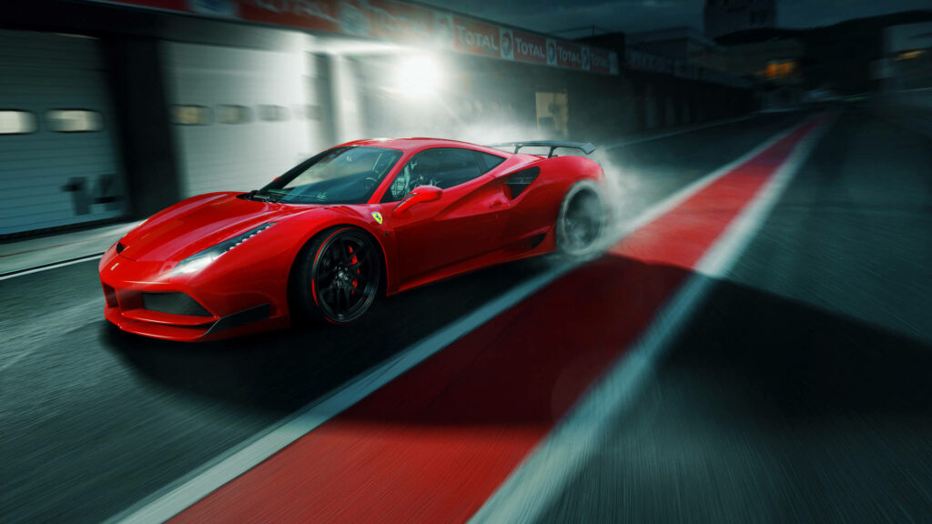 Speeding through the Pits: A Mesmerizing Red 2017 Ferrari 488 GTB on a Racetrack – Perfect 1920x1080 Wallpaper for Ferrari Enthusiasts!