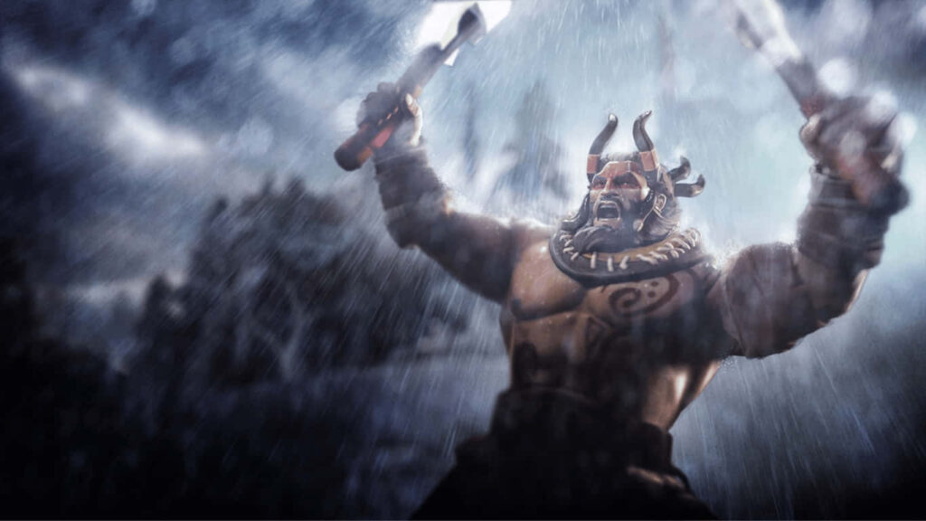 Dota 2's Beastmaster: Rain-Drenched Warrior Wielding Twin Blades in Stormy Skies Wallpaper