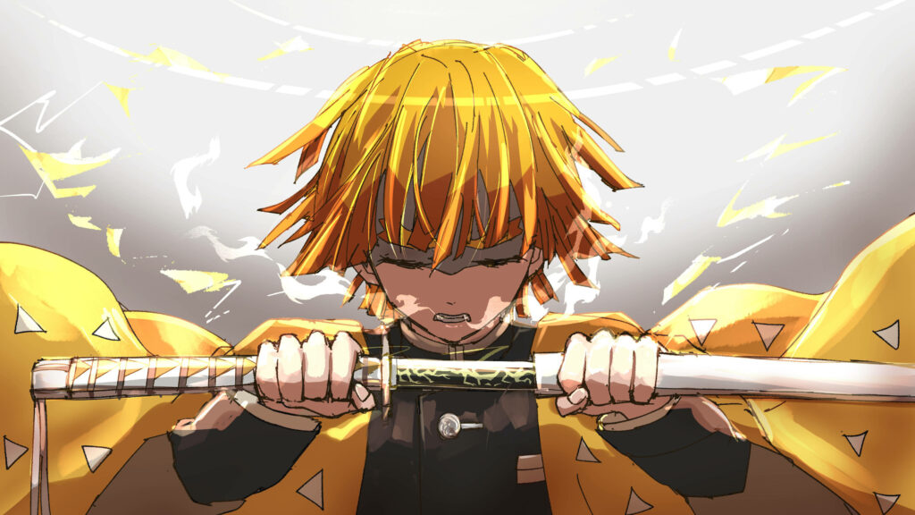 Young Thunder Breather: Zenitsu Agatsuma's Dynamic Sword Unsheathing in Demon Slayer's Zenitsu Background Image Wallpaper