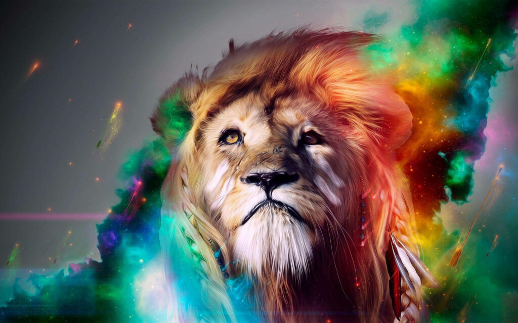 Majestic lion with braided hair and tribal feathers in neon cosmic explosion wallpaper background