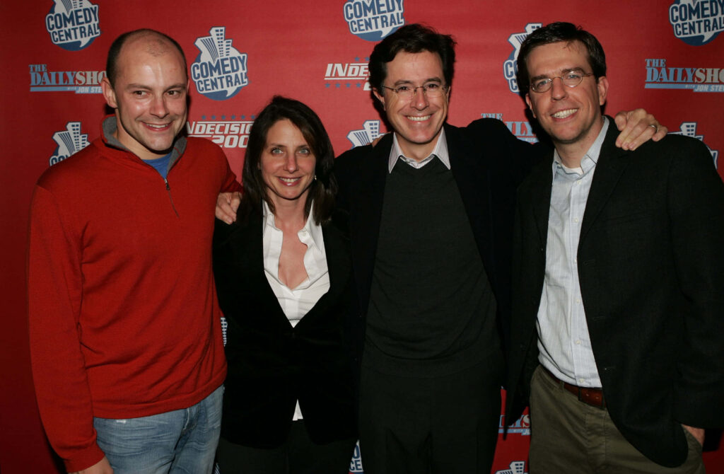 Rob Corddry Michele Gainless Stephen Colbert Ed Helms at Comedy Central Election Night Party backdrop Wallpaper