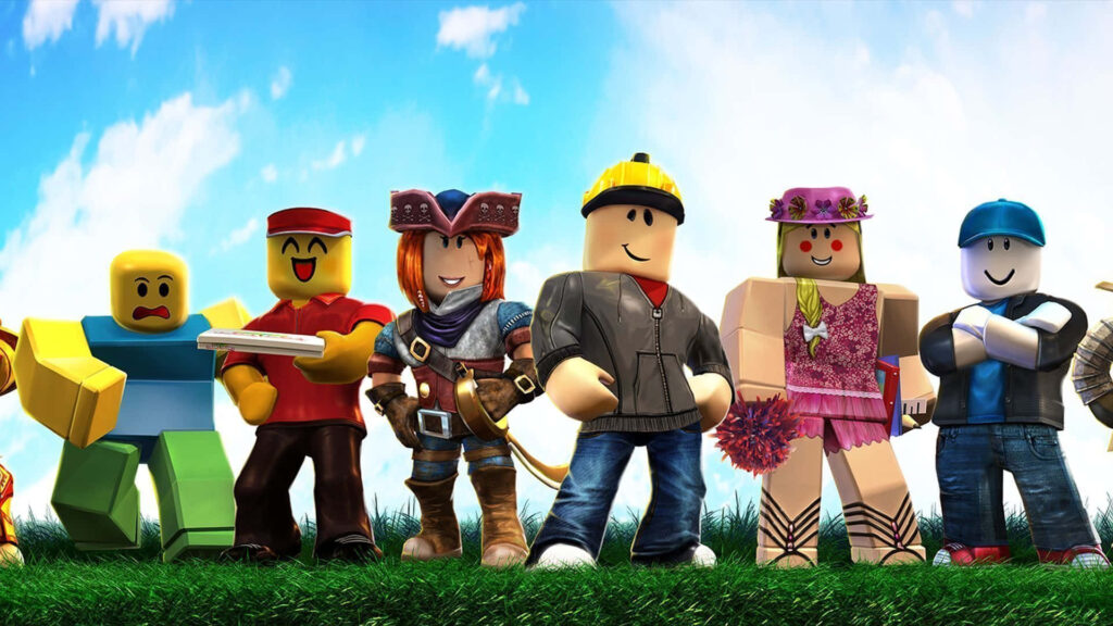 Roblox avatars on green grass under blue sky showcasing creativity and adventure wallpaper background