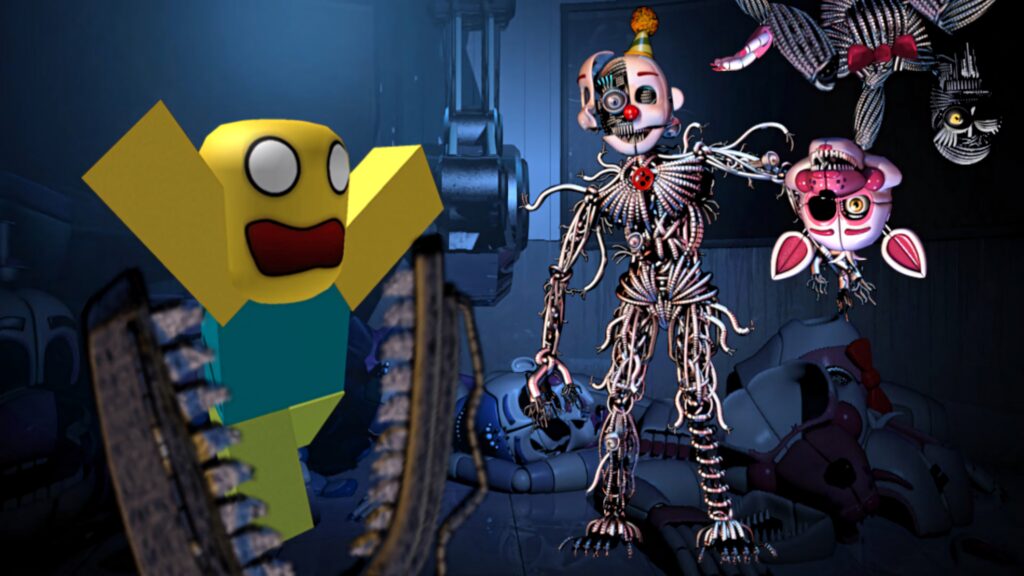 Roblox character startled facing Ennard animatronic in dark eerie room with broken parts wallpaper