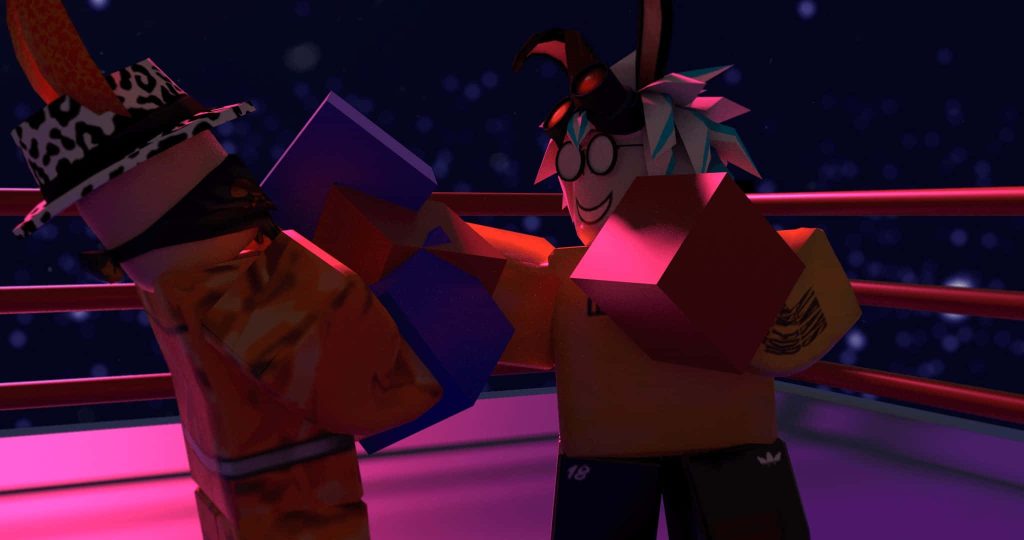 Roblox boxing match wallpaper with block characters fighting under red lights and starry sky