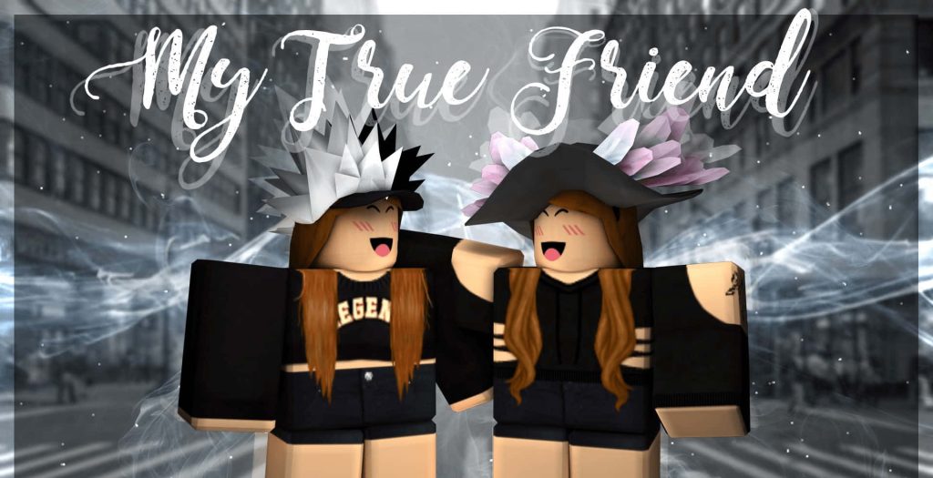 Roblox GFX wallpaper with two joyful avatars in trendy hats in grayscale city background