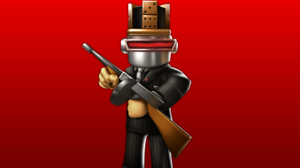 Roblox gangster avatar in pinstriped suit with Tommy gun metallic robot head red visor crown wallpaper