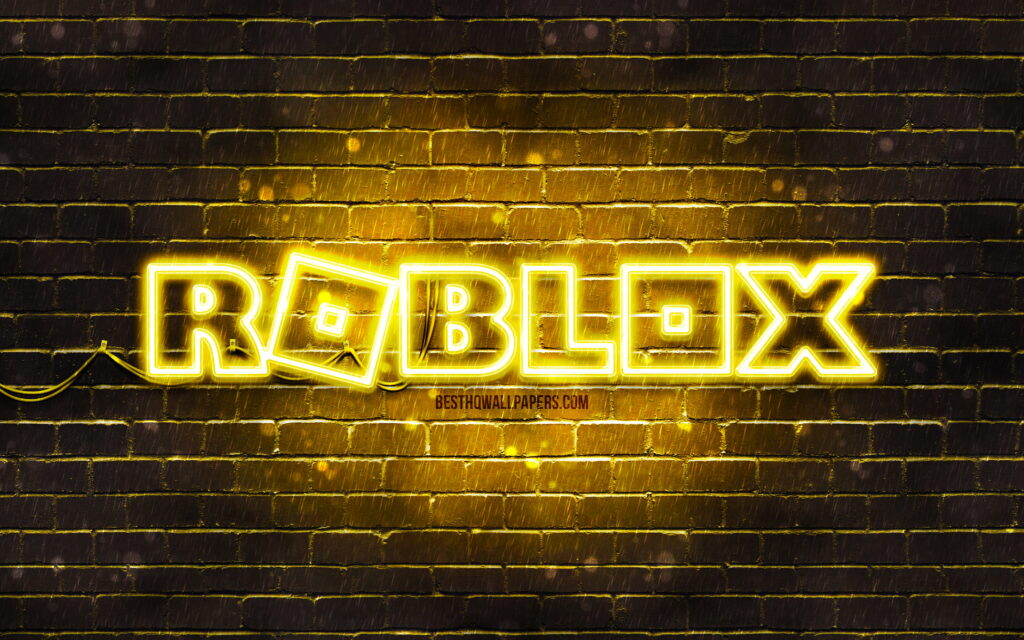 Roblox Wonderland: Neon Logo Illuminating the Yellow Brick Wall in an Online Gaming Universe Wallpaper