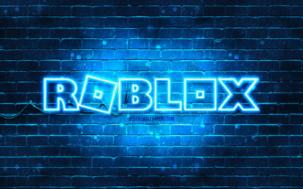 Immersive Adventures: Roblox Neon Logo Shines on Blue Brickwall [4K Wallpaper]