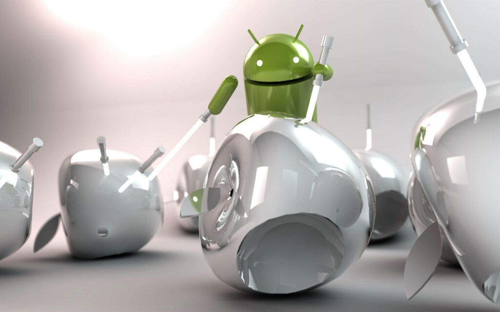 Clash of Titans: A Comedic Showdown between Android and Apple Robots on a Minimalist Desktop Canvas Wallpaper