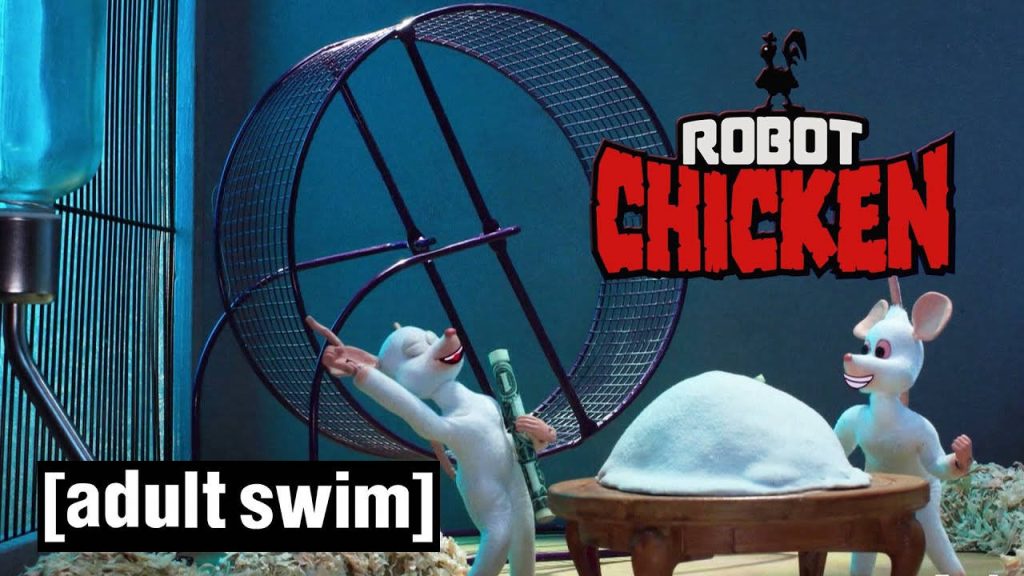 Stop-motion Robot Chicken wallpaper with Pinky and the Brain in a dark comedic studio scene