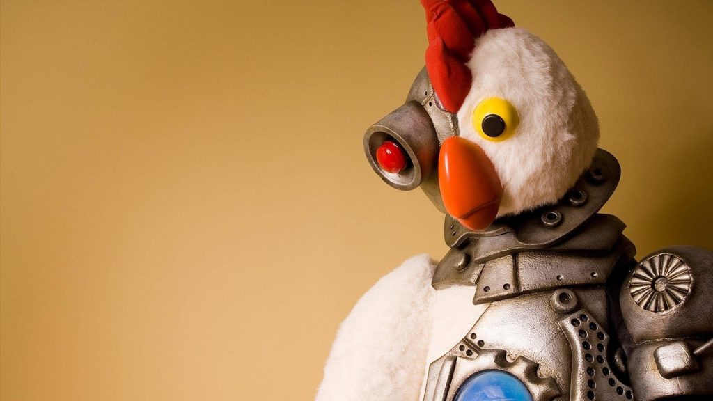 Robot Chicken mascot with metallic armor red sensor eye sci-fi look cinematic wallpaper background
