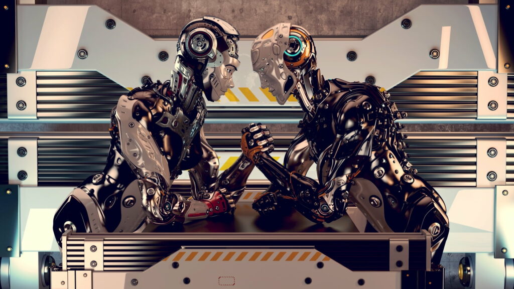 The Clash of Futuristic Giants: Epic Robotic Wrestling Battle in Stunning 3D Render Wallpaper