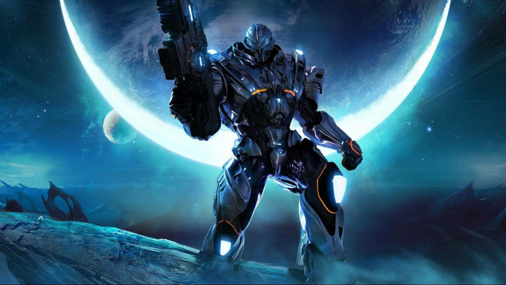 Space Odyssey: Halo 4's Mighty Robot Enthralls Amidst Planetary Majesty Wallpaper