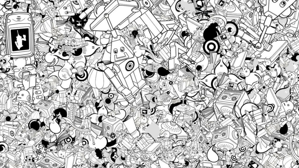 Overlapping Robotic Wonders: A Monochrome Science Fiction Doodle Art Extravaganza Wallpaper