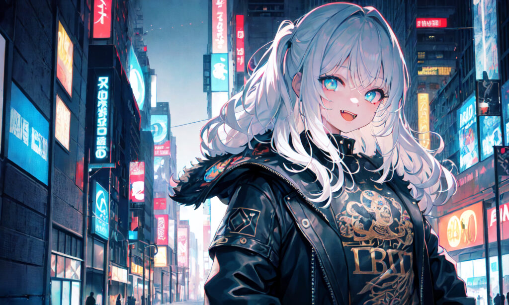 Anime Girl Rocker Wallpaper: Confident Smile in Neon Urban Scene