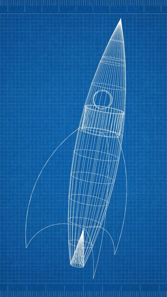 White line rocket sketch on blue grid blueprint style wallpaper background design