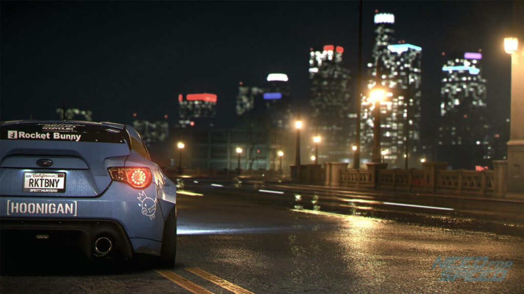 Rocket Bunny Blue Sports Car Wallpaper in Neon City Night Scene