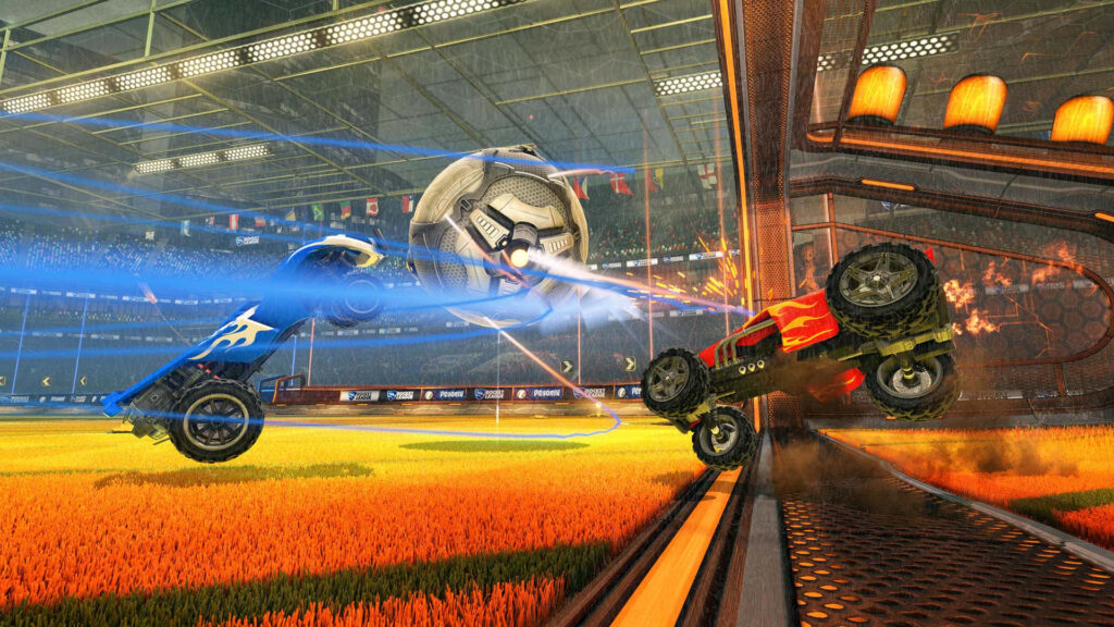Rocketing to New Heights: A Thrilling Aerial Stunt in Rocket League Unleashes a Brilliant Display of Color and Speed Wallpaper