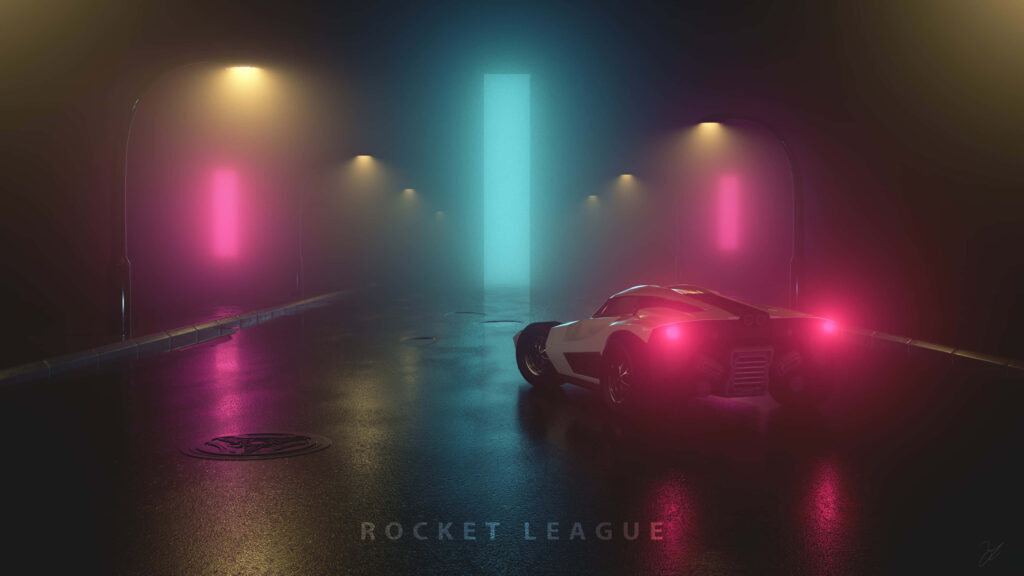 The Futuristic Racer: Rocket League Car Model in a Neon-Lit Foggy Street Display Wallpaper