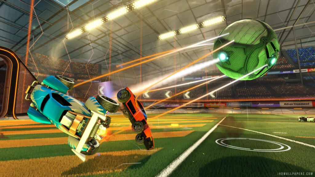 Raging Rocket League Rumble: Dramatic High-Speed Car Tumble in Epic 2k Stadium Showdown Wallpaper