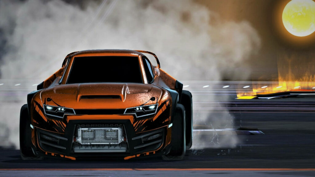 Sizzling Speed: Awash in Smoke, Rocket League's Iconic Orange Car Takes Center Stage Wallpaper