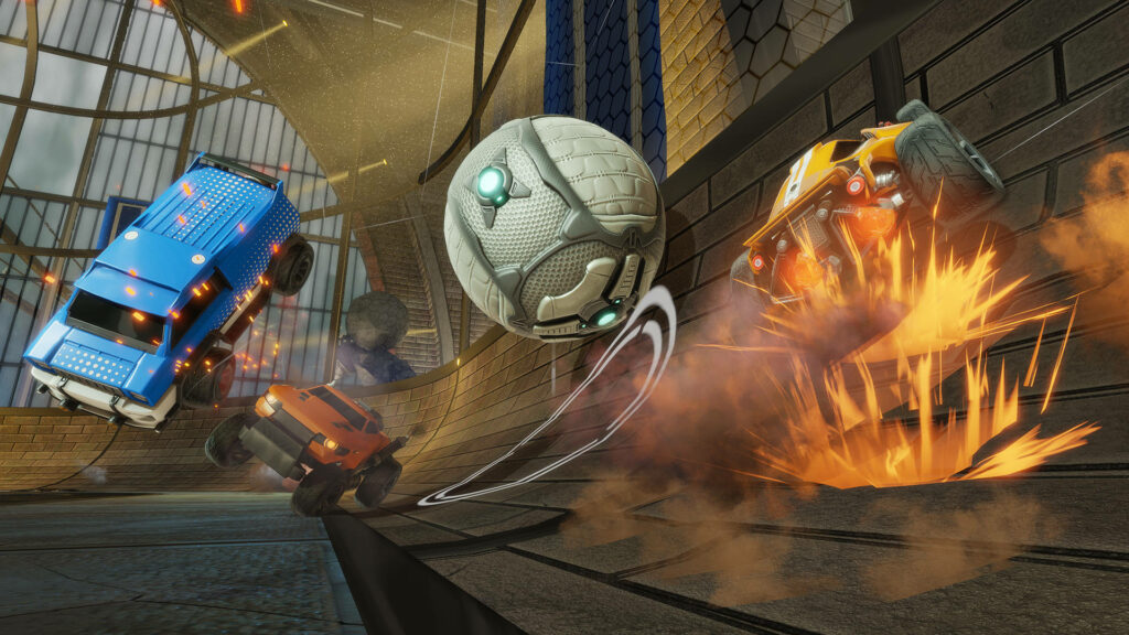 Rocket League Showdown: High-Octane Skill Exhibition with Model Vehicles and Soccer Ball Wallpaper