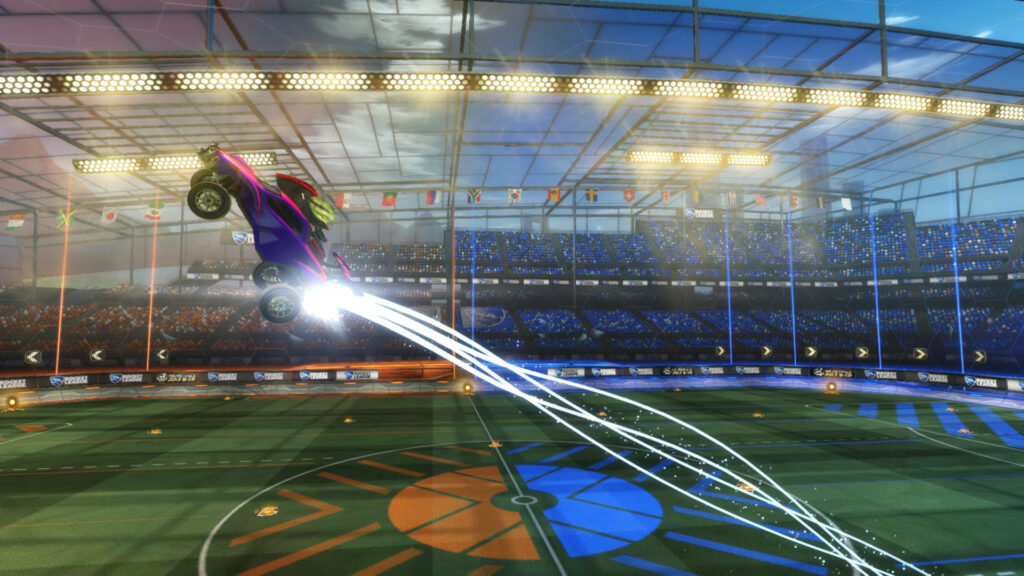 Rocket League's Epic Supersonic Car Soaring with Lightning Boost: Captivating Wallpaper Delight!