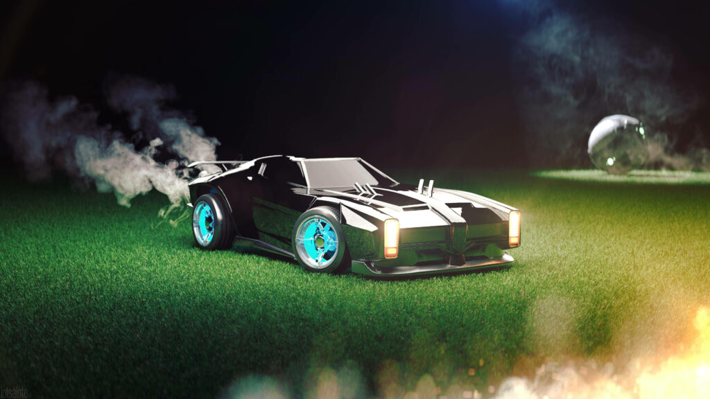 Rocket League-inspired sports car speeds towards soccer ball on lush field. Wallpaper