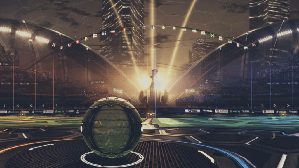 Rocketing Towards the Glowing Arena: A Spectacular Stadium Showdown with Flags of Unity Wallpaper