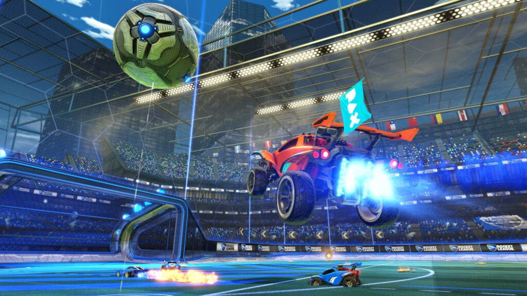Flying Fury: Rocket League Car Soars with Fiery Trails in Epic Background Wallpaper