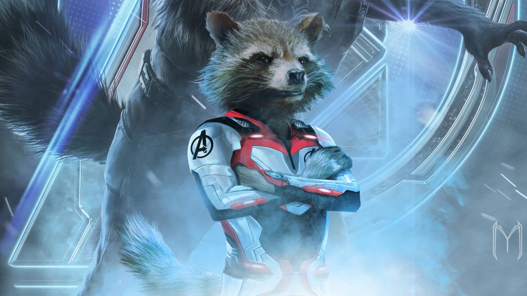 Rocket Raccoon in white and red Avengers Quantum Realm suit on blue energy background wallpaper