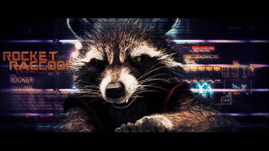 CGI Rocket Raccoon portrait with intense green eyes and holographic sci-fi background wallpaper