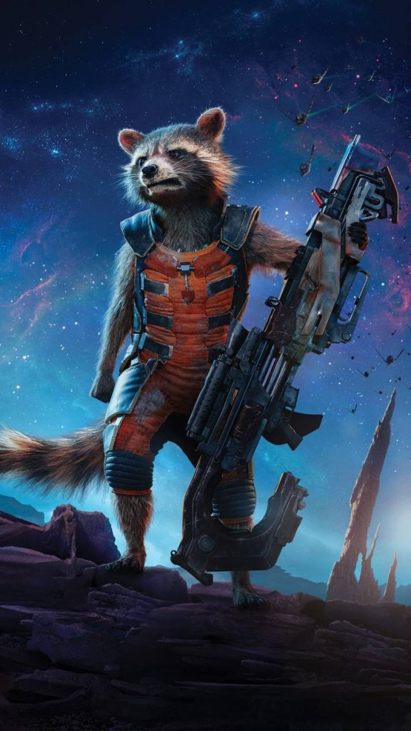 Rocket Raccoon holding blaster on alien planet with vibrant cosmic nebula Guardians Galaxy wallpaper