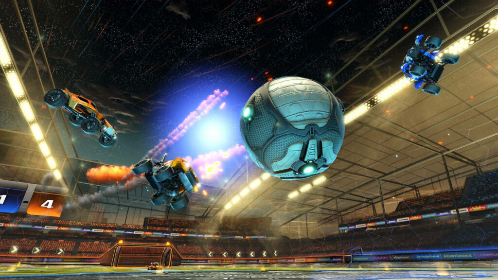 Rocket League Madness: Epic Showdown Among Three Model Vehicles in Arena Game Play Wallpaper