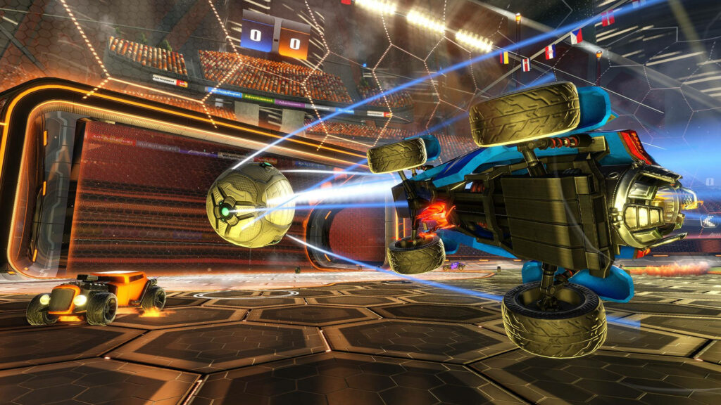 Game On! Rocket-Powered Blue Car Strikes for the Goal in Arcade Arena - Vibrant HD Wallpaper