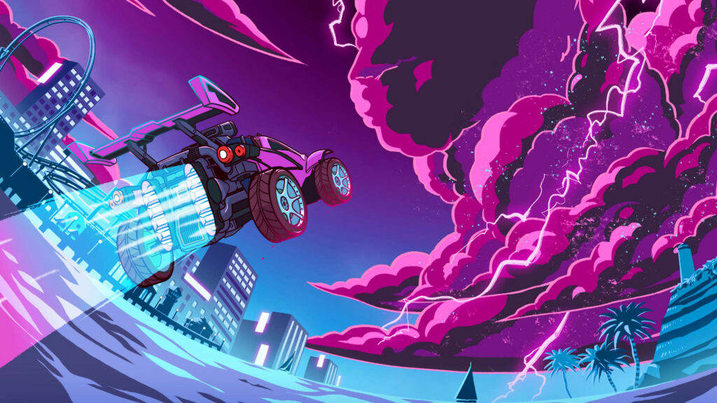 Skybound Speedster: Rocket League Car Soars in Stunning 2K Digital Art Wallpaper Background
